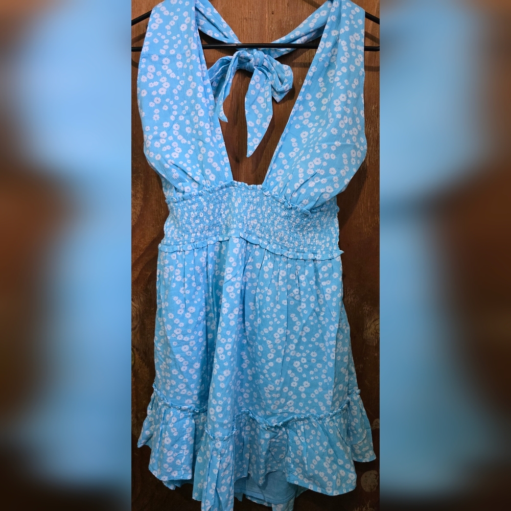 AERIE Blue Floral Halter Dress Size M